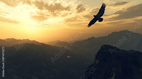 Silhouette of a majestic eagle soaring high above rugged mountain peaks during a dramatic and vibrant golden sunset in the wilderness