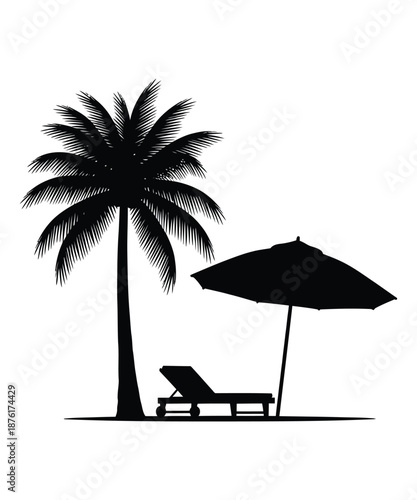 This vector graphic presents a clean black silhouette of a palm tree, beach umbrella, and lounge chair, representing a peaceful and idyllic tropical destination.
