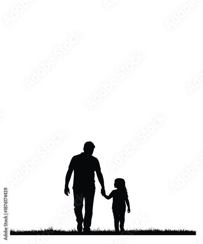 Silhouette of a father and daughter holding hands while walking together on green grass, representing family bonding and childhood innocence in a simple, clean graphic.