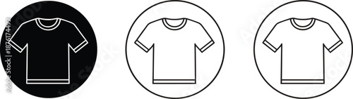 T-shirt icon vector set featuring simple shirt symbols inside circular badges, minimal clothing graphics, and fashion outline designs