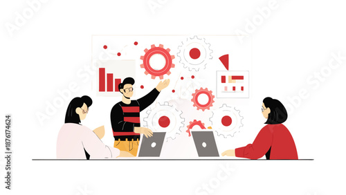 Team collaboration and innovative business strategy planning with gears and graphs