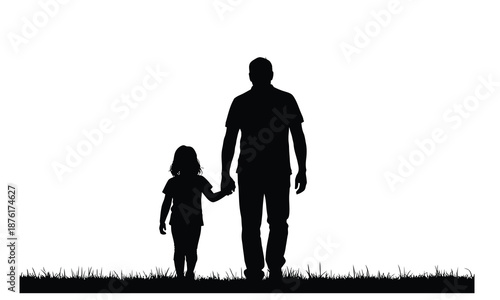 Silhouette of a father and young daughter holding hands, walking forward on grass against a white background, symbolizing family love, protection, and a shared journey.