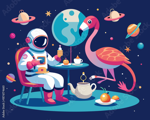 A vintage-style astronaut having a tea party on the moon with a pink flamingo, retro-futurism, 1960s aesthetic, playful and absurd.