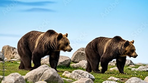 Brown bears walking through grassy meadow under clear sky in wilderness