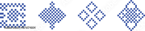 Four blue and white pixelated geometric patterns