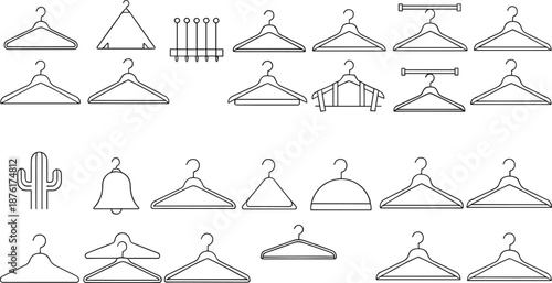 Clothes hanger vector icon set featuring garment hooks, wardrobe accessories, coat hangers, minimalist designs, and clothing storage symbols