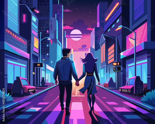 First-person POV of two people holding hands while walking through a busy city street at night