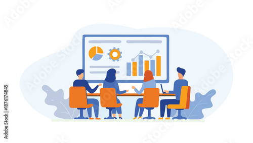 Business team analyzing data on large screen in modern office setting