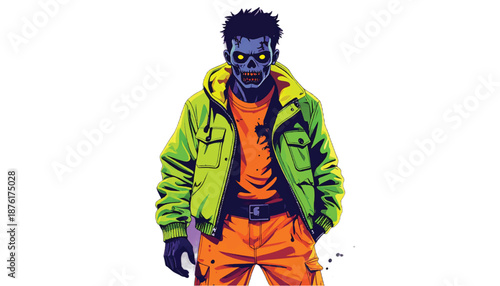 Zombie in a Green Jacket with Glowing Eyes Illustration.