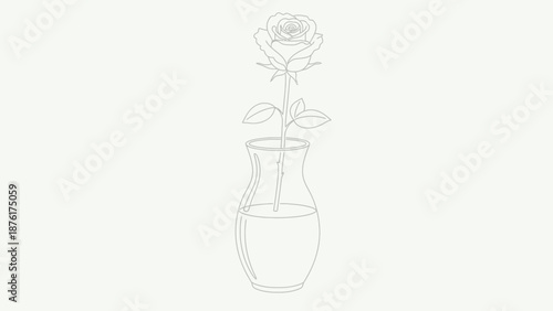 Simple black and white line art drawing of a single perfect rose with leaves displayed elegantly inside a transparent glass vase holding water