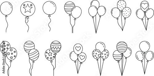 Decorative balloon vector icon set featuring party balloons, celebration clusters, festive designs, star patterns, hearts, and event decorations