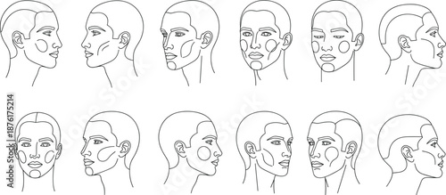 Facial profile vector illustrations showing diverse head angles, contour lines, beauty markings, and anatomical face structure sketches