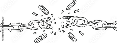Simple black and white line art illustration depicting a strong metal chain violently breaking apart in the center signifying freedom or separation