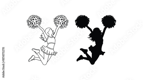 Dynamic cheerleader mid-air jump with pom poms, celebrating energy and athleticism.