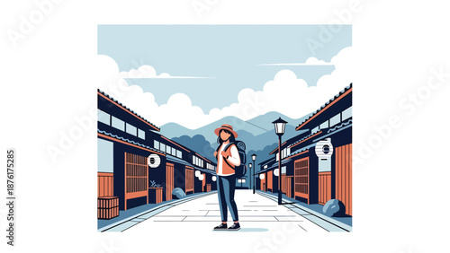Flat vector illustration of a solo woman traveler exploring a traditional Japanese street with wooden houses and lanterns, calm travel lifestyle concept in solid colors