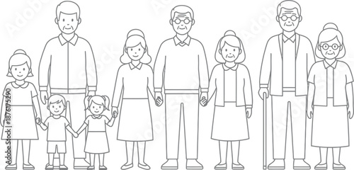 Black and white line art illustration depicting a multi-generational family group standing together holding hands proudly in unity