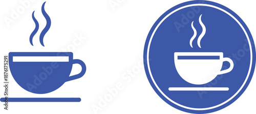 Blue cup of hot beverage with steam and circular sign
