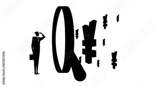Black and white illustration of a person examining charts with a magnifying glass, representing analysis, research, and data investigation.