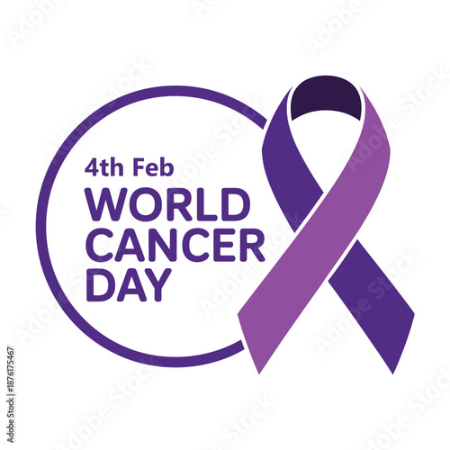 World Cancer Day awareness purple ribbon and text on white background for February 4th