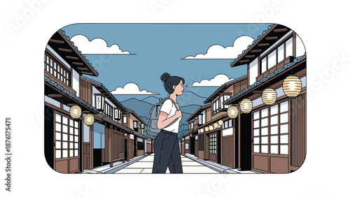 Flat vector illustration of a solo woman traveler exploring a traditional Japanese street with wooden houses and lanterns, calm travel lifestyle concept in solid colors
