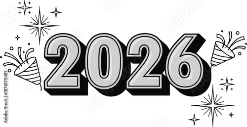 Decorative Happy New Year 2026 Typography Text Design with Party Poppers and Sparkling Stars in Black and White Outline Style