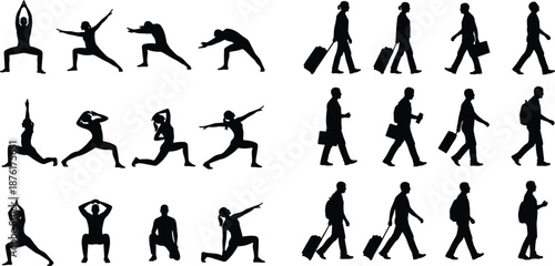 Black Silhouette Vector Set of People Doing Yoga Poses and Travelers Walking with Luggage Suitcases Isolated on White Background for Design