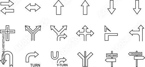 Collection of directional arrow and road navigation vector icons showing turns, intersections, routes, and traffic movement symbols