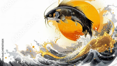 Stylized koi carp leaping through golden sunlit waves in Japanese illustration.