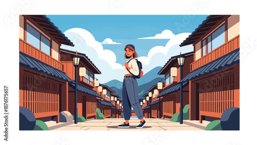 Flat vector illustration of a solo woman traveler exploring a traditional Japanese street with wooden houses and lanterns, calm travel lifestyle concept in solid colors