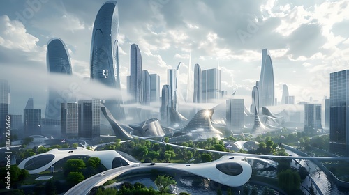 Futuristic megalopolis skyline featuring incredibly tall, organically shaped skyscrapers rising above verdant parks and modern elevated roadways shrouded in soft morning mist