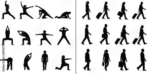 Black Silhouette Vector Set of People Practicing Yoga Poses and Travelers Walking with Suitcases Isolated on a White Background for Design