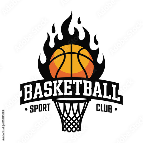 Flaming basketball logo with hoop and sport club text on white background