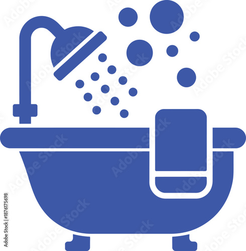Blue bathtub with shower and bubbles water