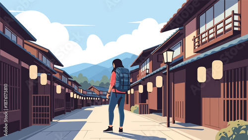 Flat vector illustration of a solo woman traveler exploring a traditional Japanese street with wooden houses and lanterns, calm travel lifestyle concept in solid colors