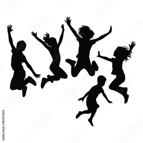 Joyful silhouettes of children leaping and playing with exuberant energy capturing a moment of carefree happiness