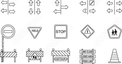 Collection of traffic direction and road safety sign vector icons featuring arrows, warnings, barriers, detours, and stop signals
