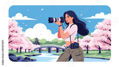 Vector illustration of a woman tourist enjoying cherry blossoms in a peaceful Japanese park, spring travel atmosphere with nature scenery in clean flat design style