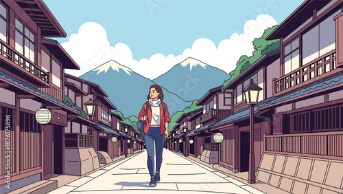 Flat vector illustration of a solo woman traveler exploring a traditional Japanese street with wooden houses and lanterns, calm travel lifestyle concept in solid colors