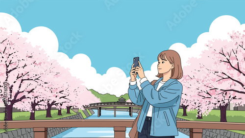 Vector illustration of a woman tourist enjoying cherry blossoms in a peaceful Japanese park, spring travel atmosphere with nature scenery in clean flat design style