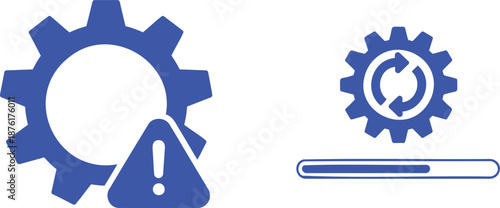 Blue gear with warning symbol and loading bar with refresh