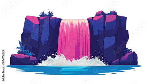 Vibrant Waterfall Cascade with Pink Water and Rocky Outcrops.