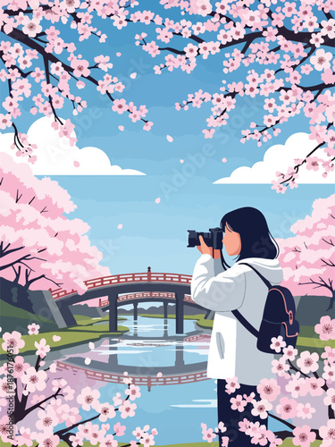 Vector illustration of a woman tourist enjoying cherry blossoms in a peaceful Japanese park, spring travel atmosphere with nature scenery in clean flat design style