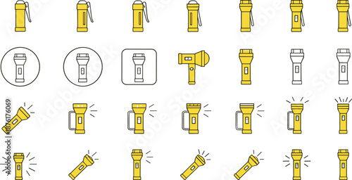 Flashlight vector icon set featuring handheld torches, battery-powered lights, glowing beams, illumination tools, and outdoor emergency lighting