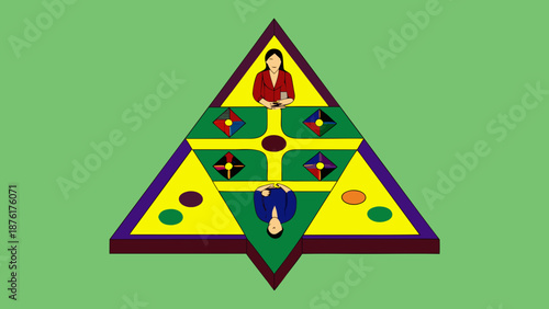 Yellow vector illustration of an abstract triangle background featuring warning signs and symbols for radiation and toxic biohazard risk to alert for nuclear danger and safety caution