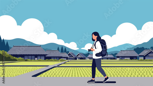 Flat vector illustration of a woman traveler walking through rural Japan with rice fields and traditional houses, peaceful countryside travel concept in solid colors