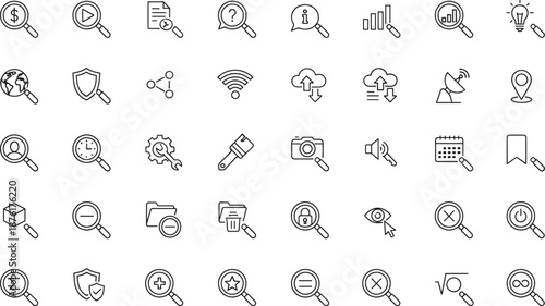 Blue outline search and analytics icons set with magnifying glass symbols for user interface design projects web applications
