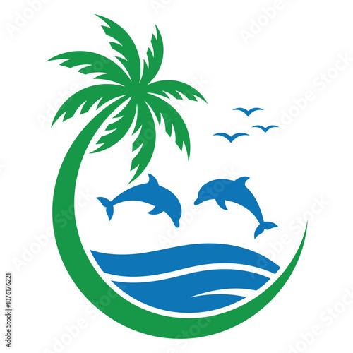 A vibrant illustration showcases playful dolphins jumping from ocean waves beneath a swaying palm tree