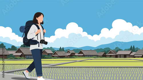 Flat vector illustration of a woman traveler walking through rural Japan with rice fields and traditional houses, peaceful countryside travel concept in solid colors
