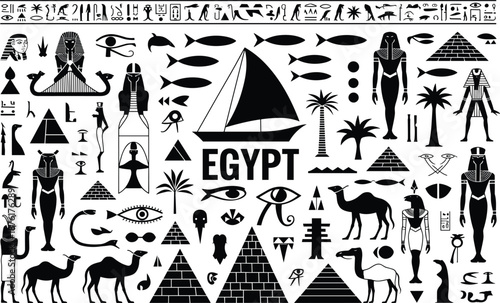Ancient Egyptian symbols and landmarks with sailboat and pyramids