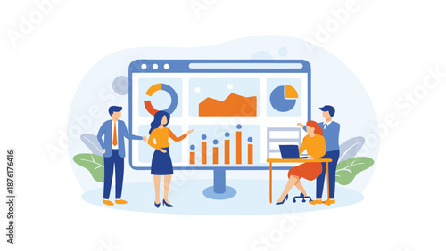 Business team analyzing data on large screen display in modern office setting